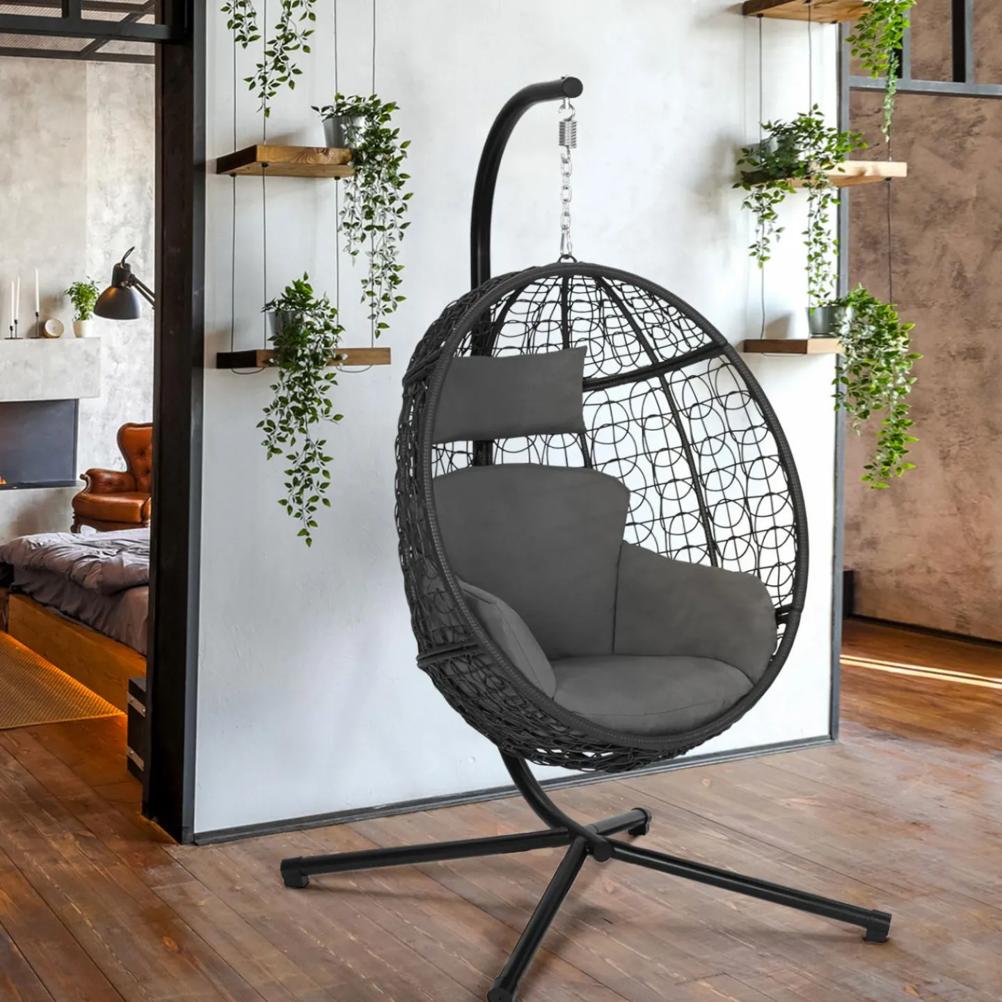 Fauteuil œuf suspendu avec coussins gris*IDMarket New