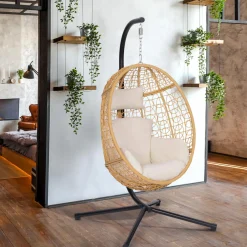 Fauteuil œuf suspendu effet rotin avec coussins écru*IDMarket Clearance