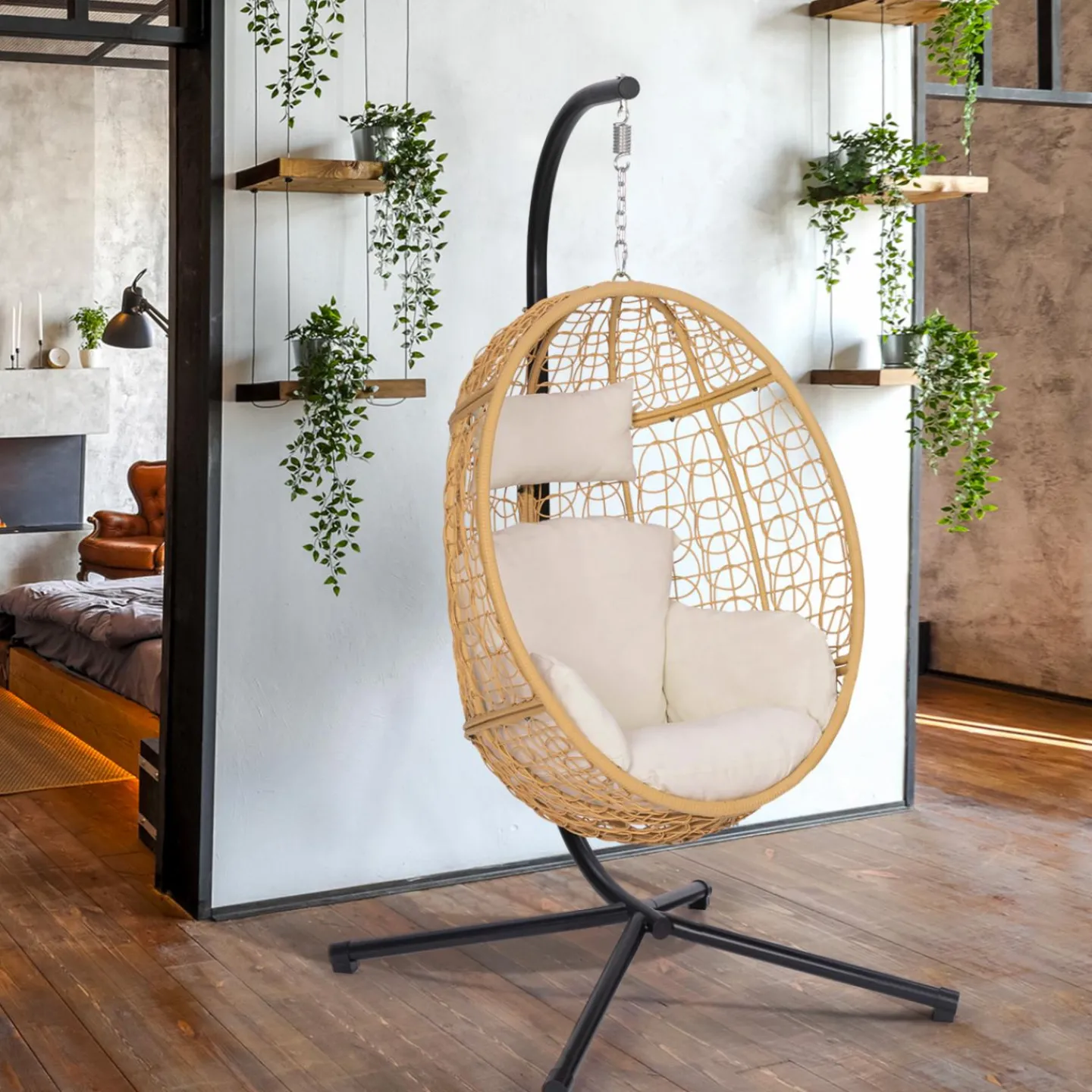 Fauteuil œuf suspendu effet rotin avec coussins écru*IDMarket Clearance