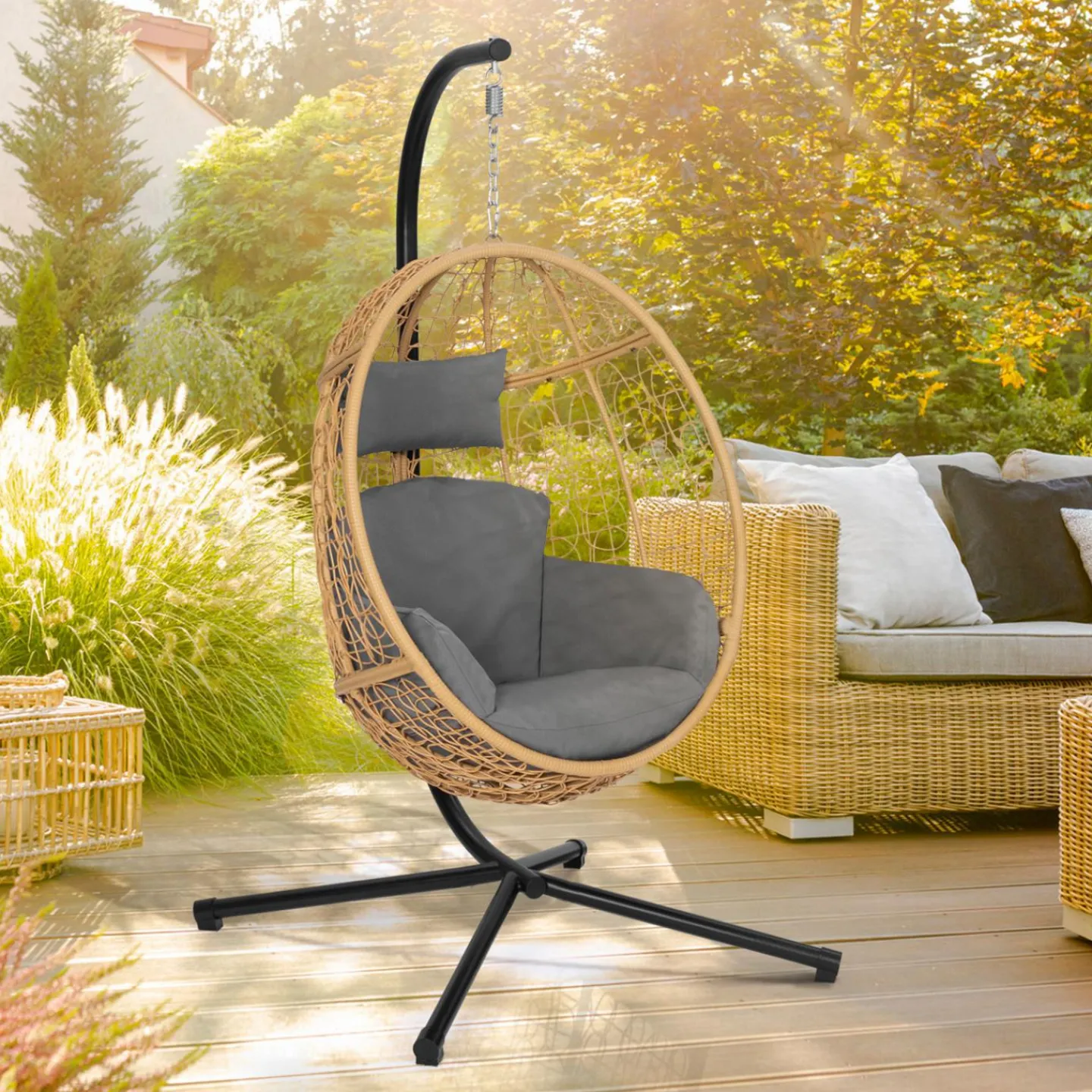 Fauteuil œuf suspendu effet rotin avec coussins gris*IDMarket Online
