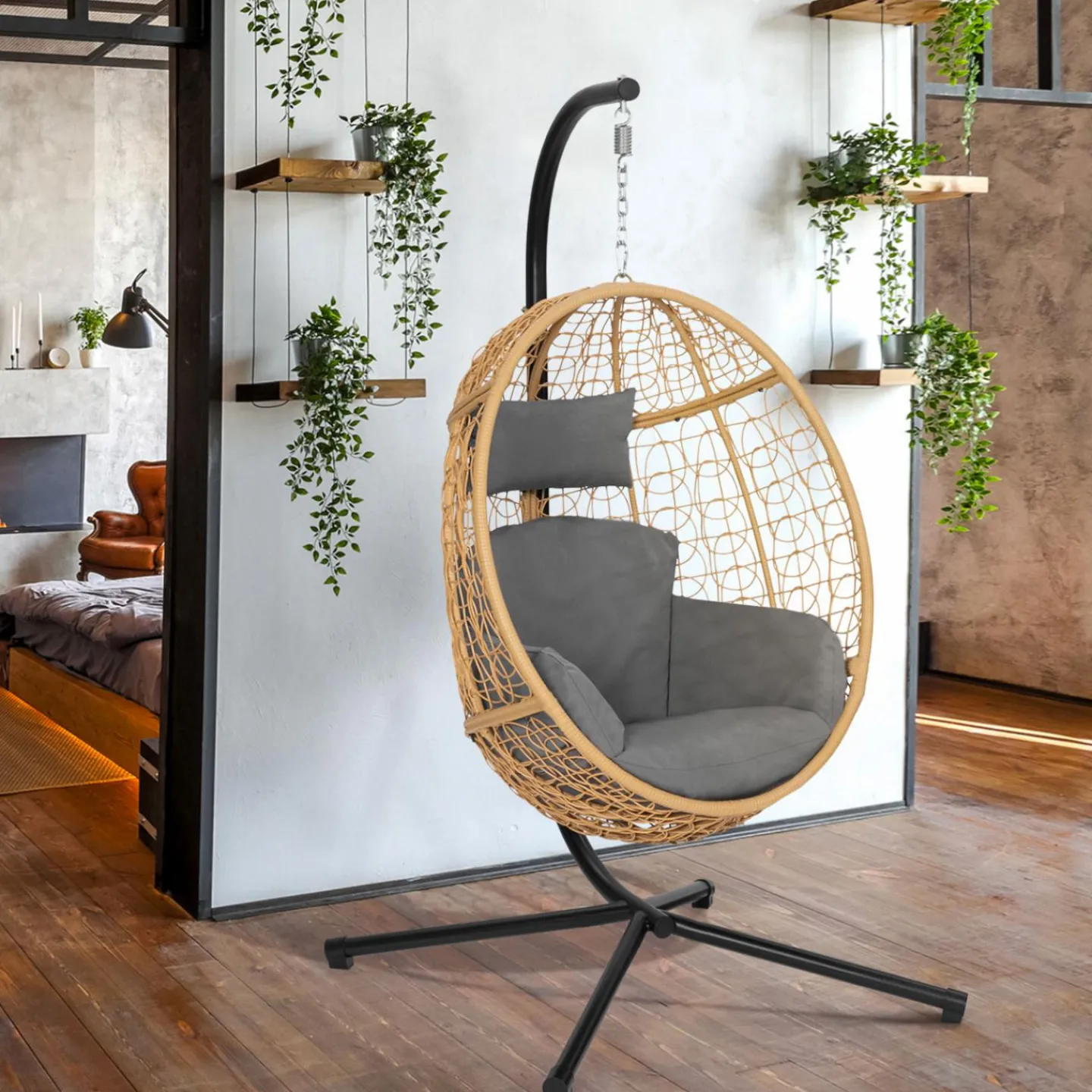 Fauteuil œuf suspendu effet rotin avec coussins gris*IDMarket Online