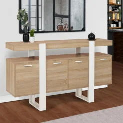 Grand buffet bois et blanc 160 cm 4 portes*IDMarket Outlet