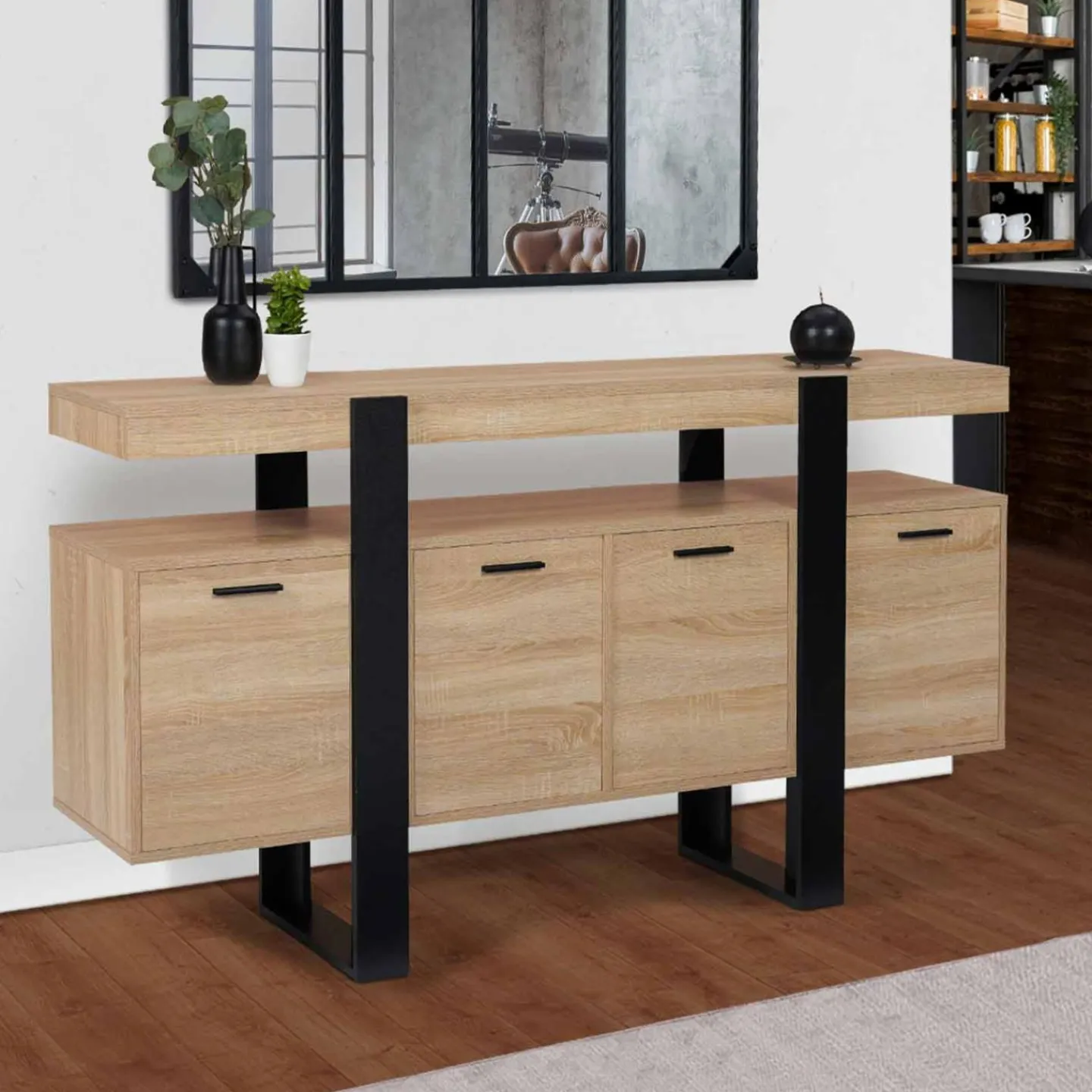 Grand buffet bois et noir 160 cm 4 portes*IDMarket Clearance