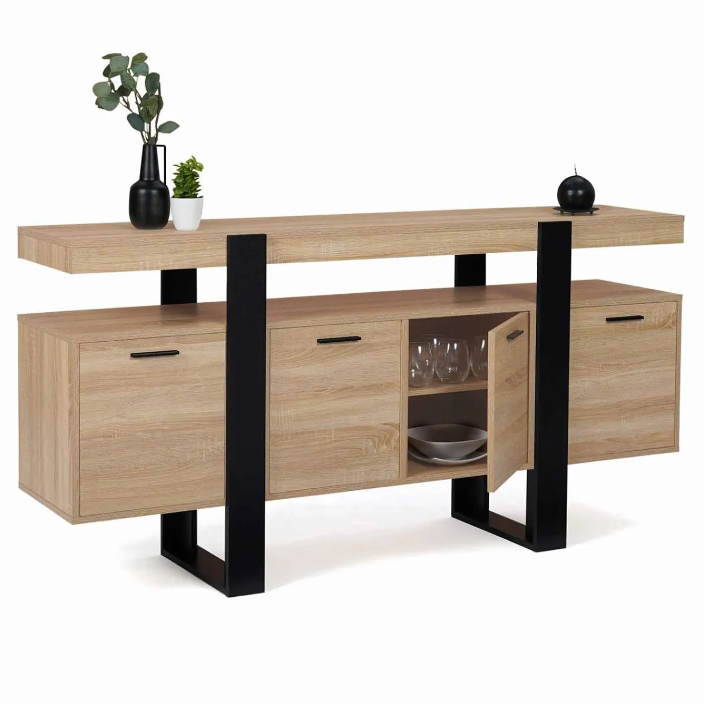 Grand buffet bois et noir 160 cm 4 portes*IDMarket Clearance
