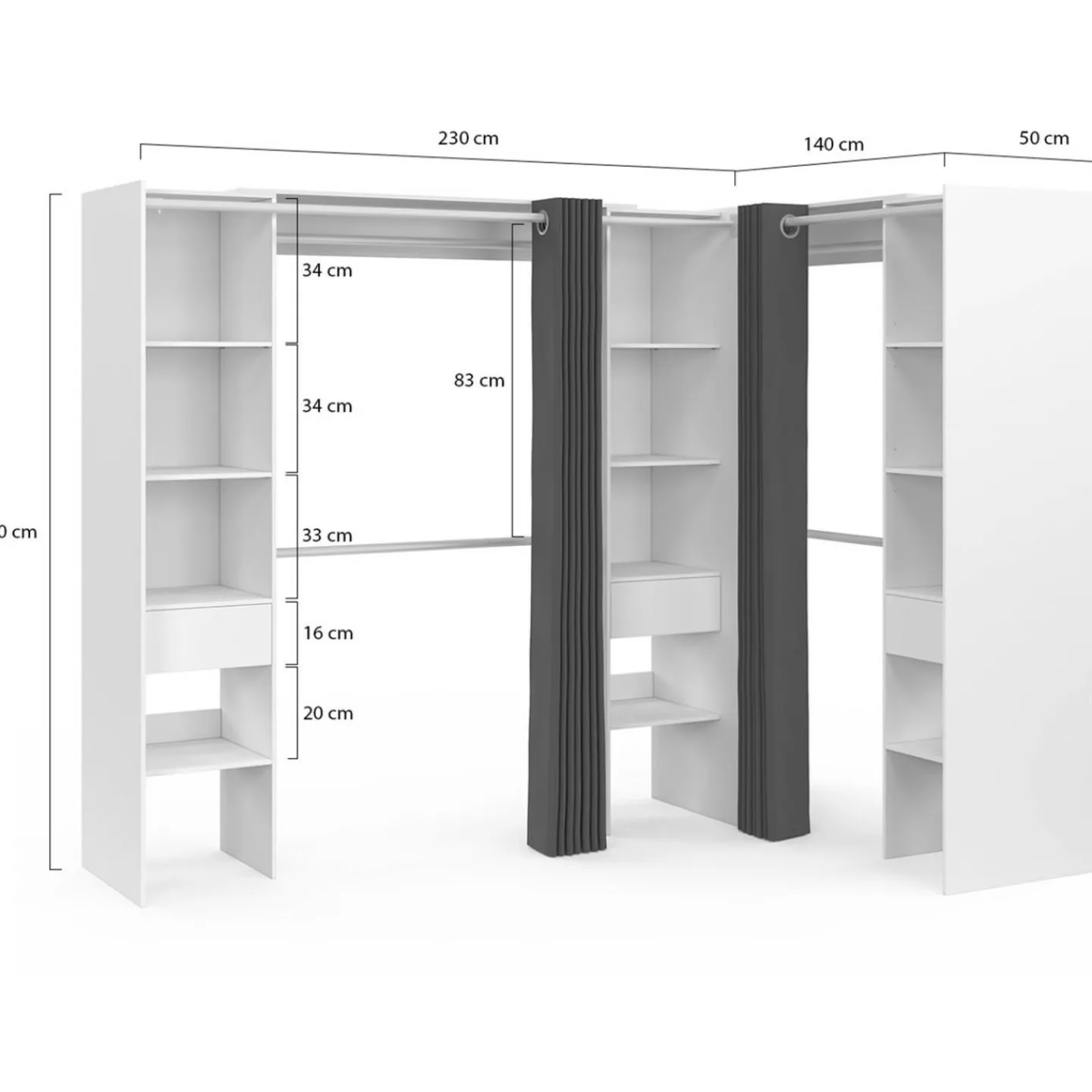 Grand dressing d’angle extensible 230x140x180 cm blanc*IDMarket Sale