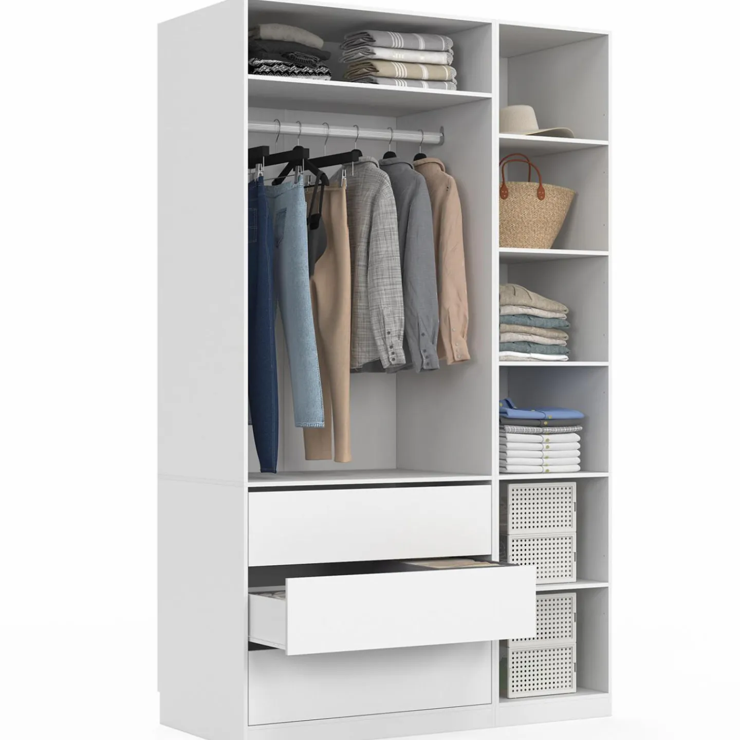 Grand dressing modulable blanc 200 cm avec 1 penderie, 7 étagères et 3 tiroirs*IDMarket New