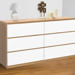 Grande commode 6 tiroirs façon hêtre et blanc*IDMarket Online