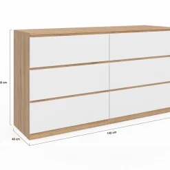 Grande commode 6 tiroirs façon hêtre et blanc*IDMarket Online