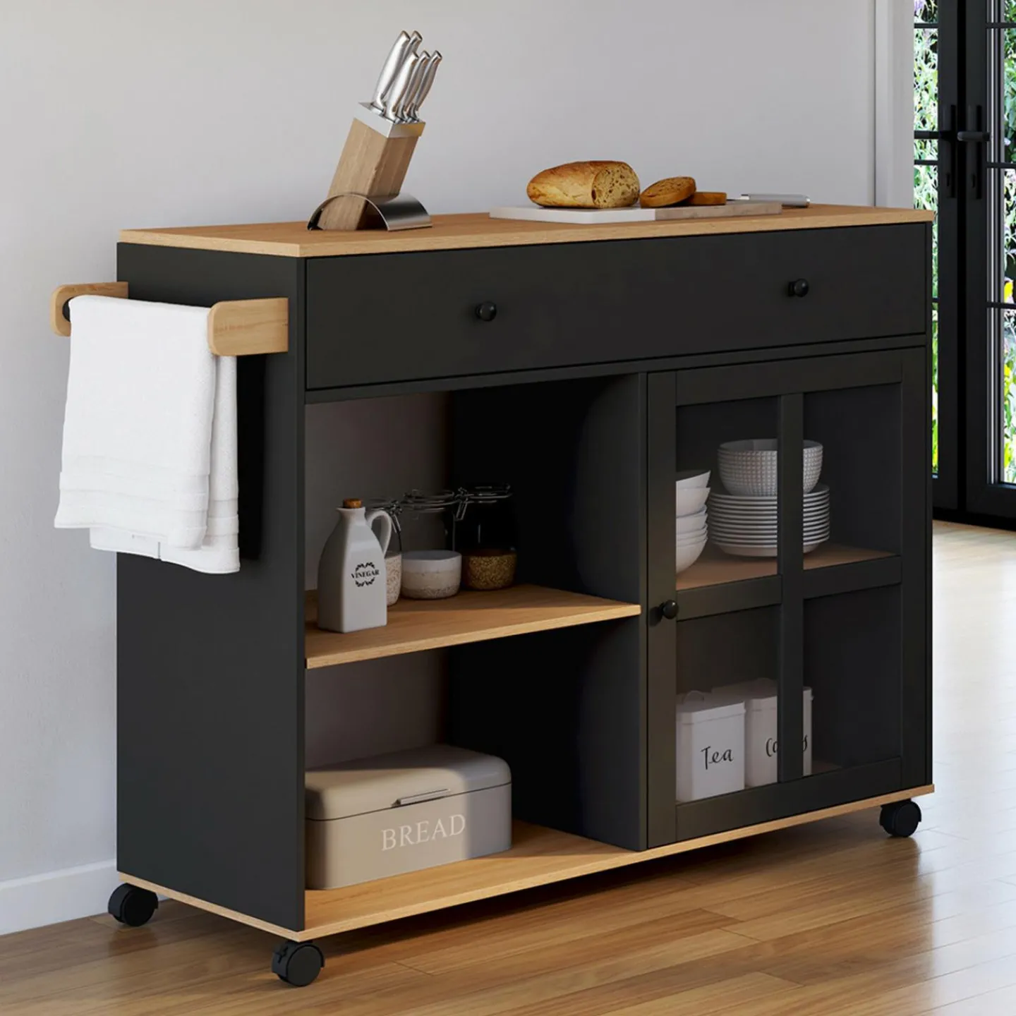 Grande desserte de cuisine avec placard vitré bois et noir*IDMarket Sale