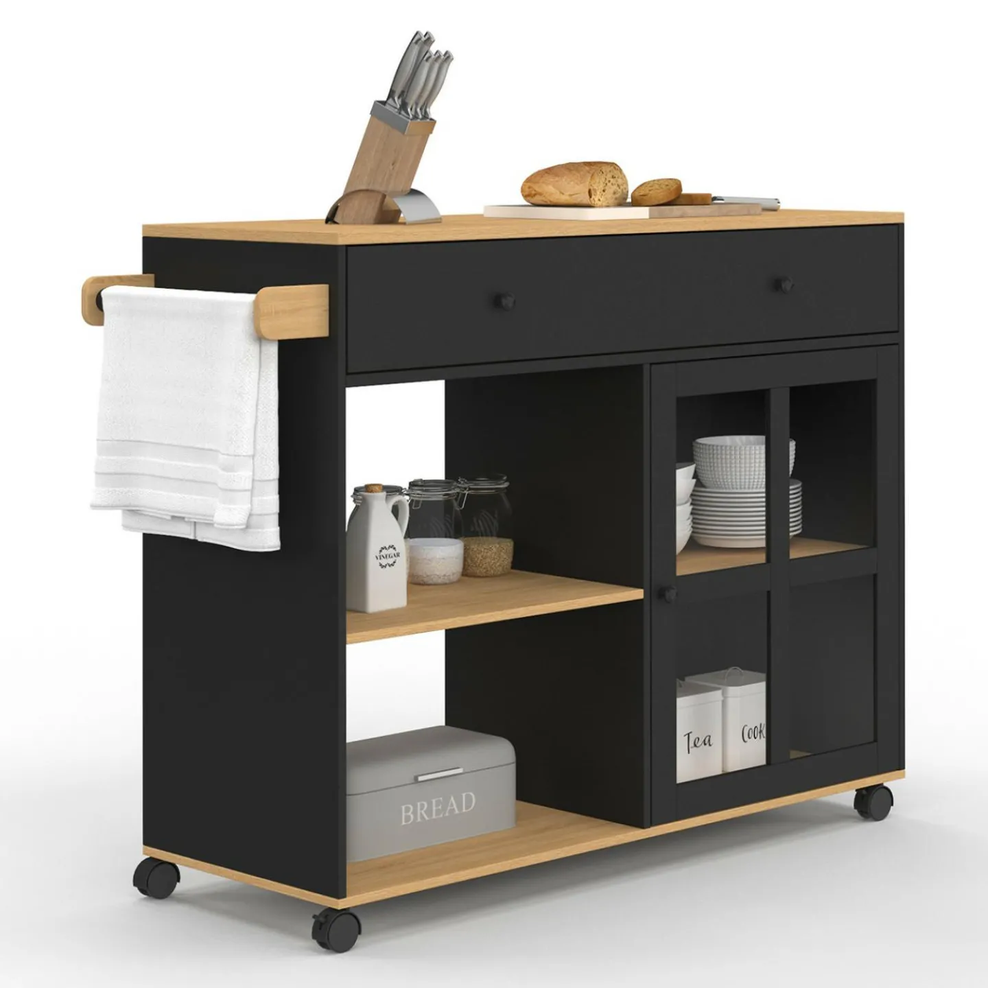 Grande desserte de cuisine avec placard vitré bois et noir*IDMarket Sale