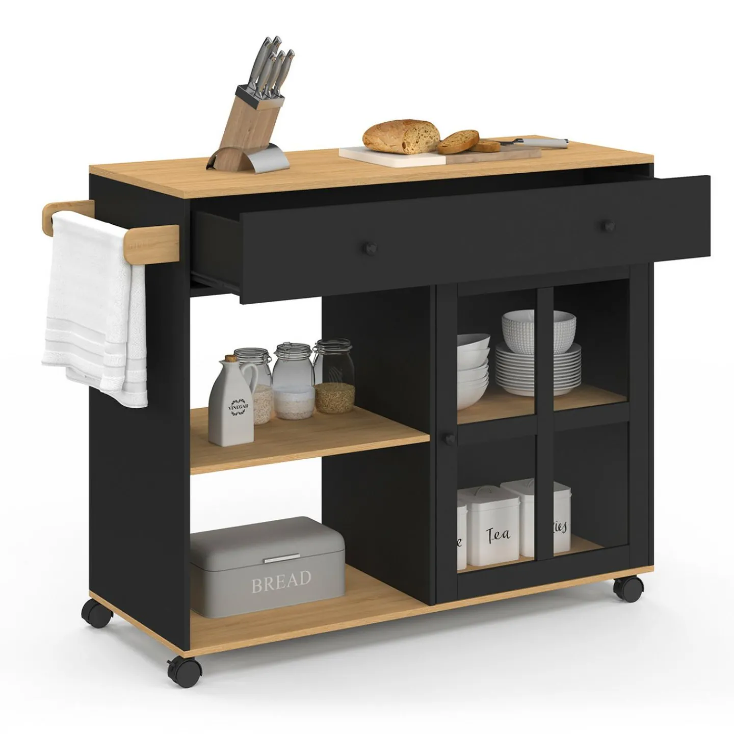 Grande desserte de cuisine avec placard vitré bois et noir*IDMarket Sale