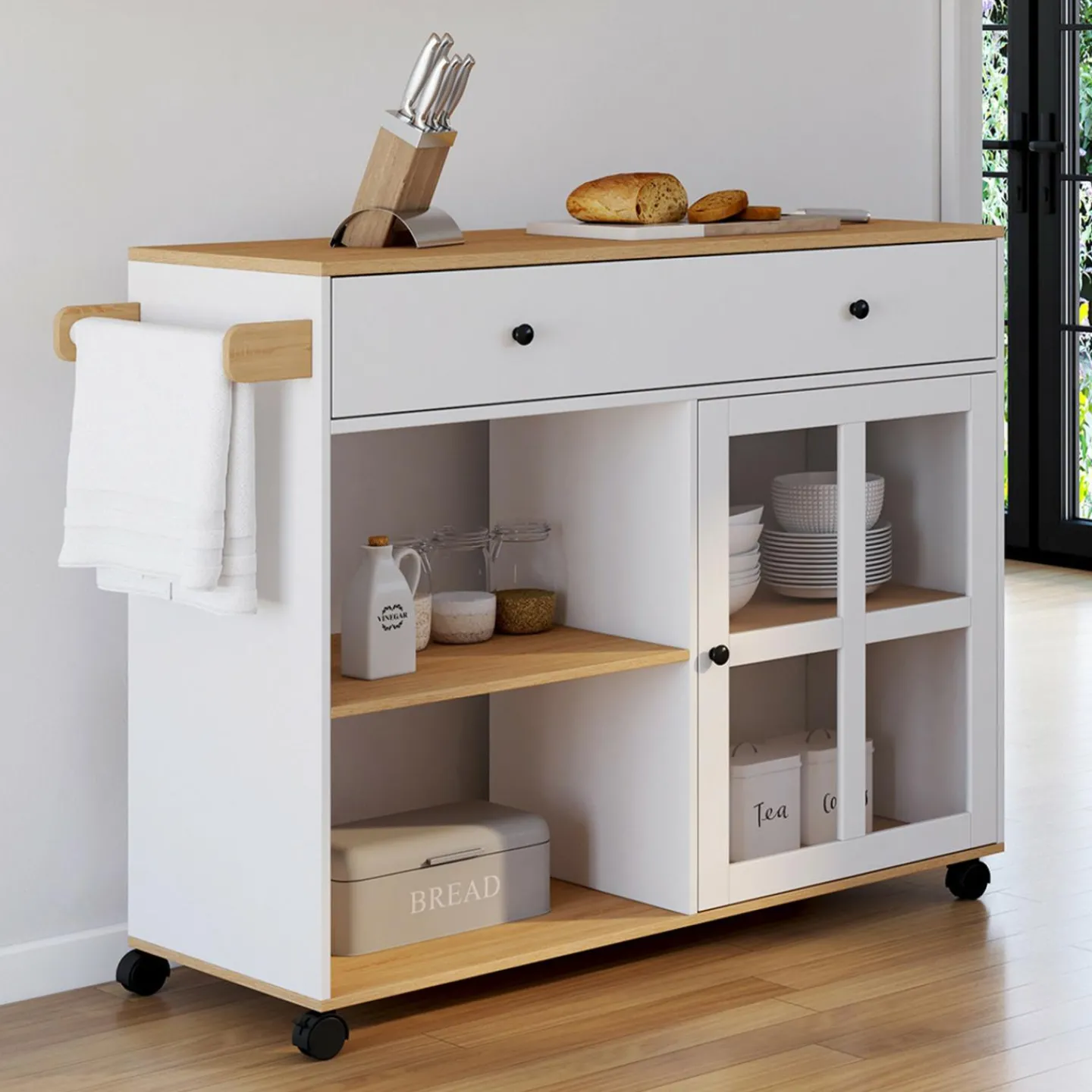 Grande desserte de cuisine avec placard vitré bois et blanc*IDMarket New