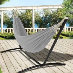 Hamac gris clair avec support métal*IDMarket Clearance