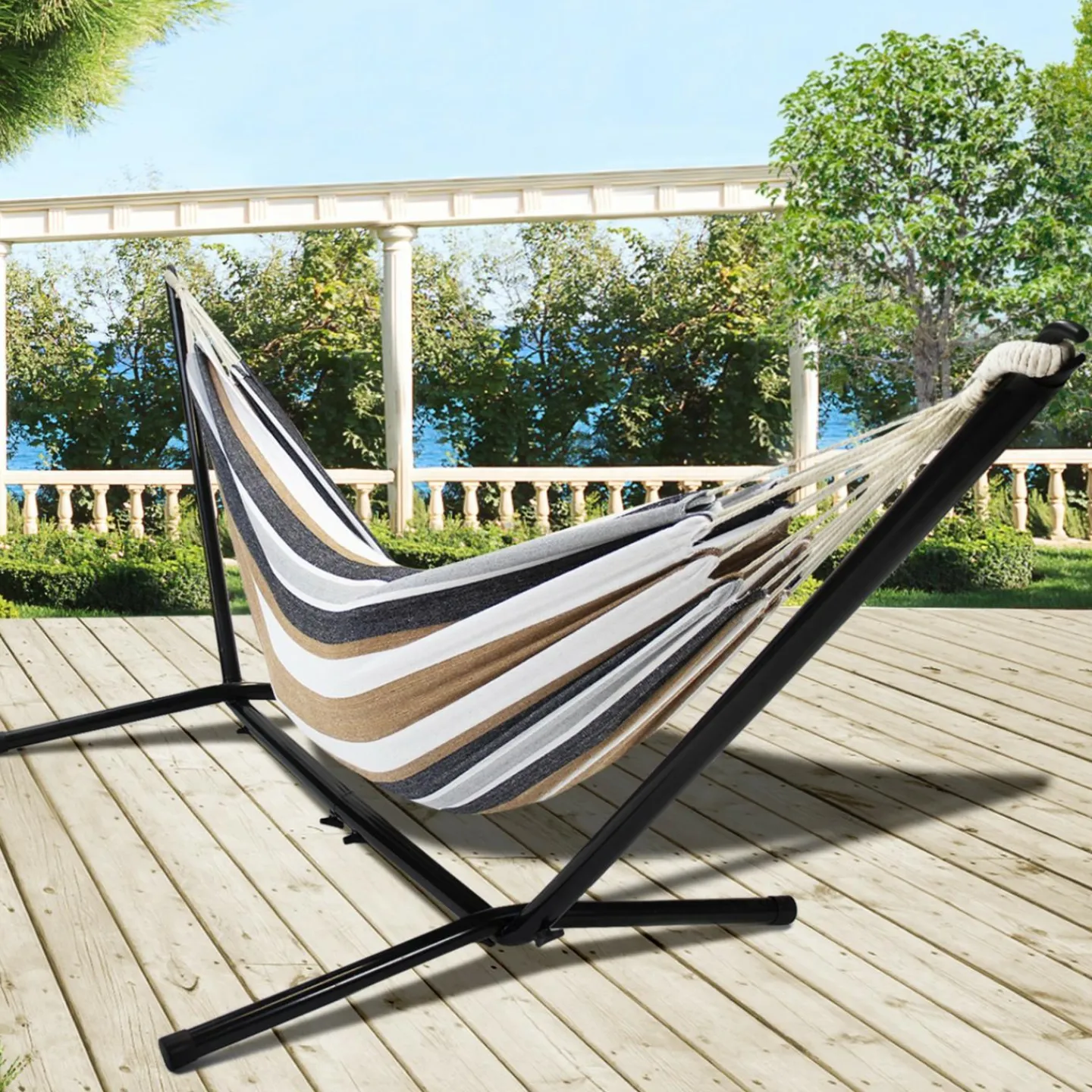 Hamac rayé noir, blanc et chocolat avec support métal*IDMarket Sale
