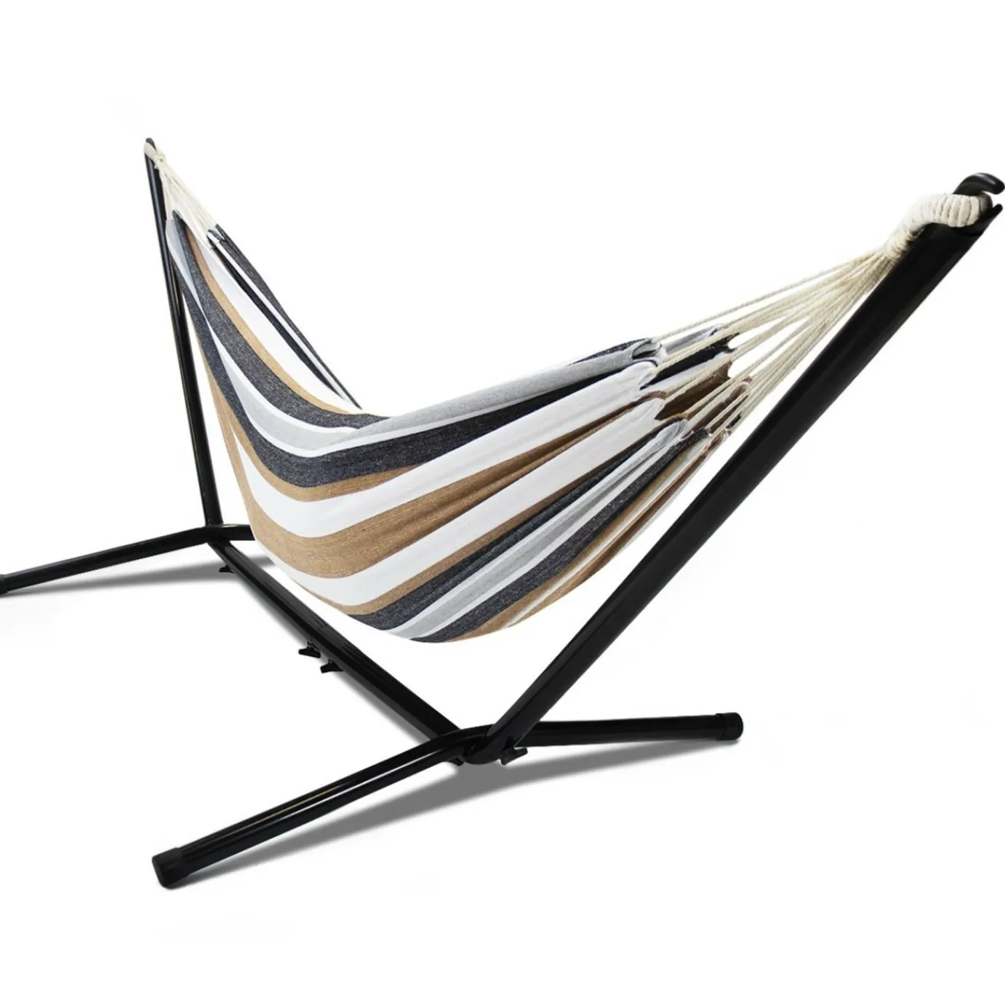 Hamac rayé noir, blanc et chocolat avec support métal*IDMarket Sale