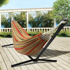 Hamac rayé rouge et jaune avec support métal*IDMarket Outlet