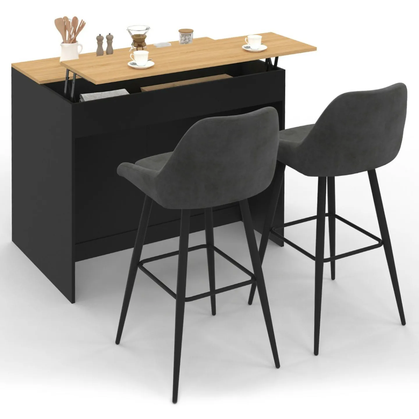 Ilot central 110 cm avec tablette relevable rectangulaire bois noir et façon hêtre*IDMarket Discount