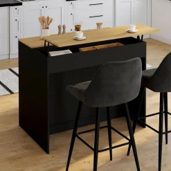 Ilot central 110 cm avec tablette relevable rectangulaire bois noir et façon hêtre*IDMarket Discount