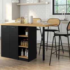 Ilot central 140 cm bois noir avec plan de travail façon hêtre*IDMarket Hot