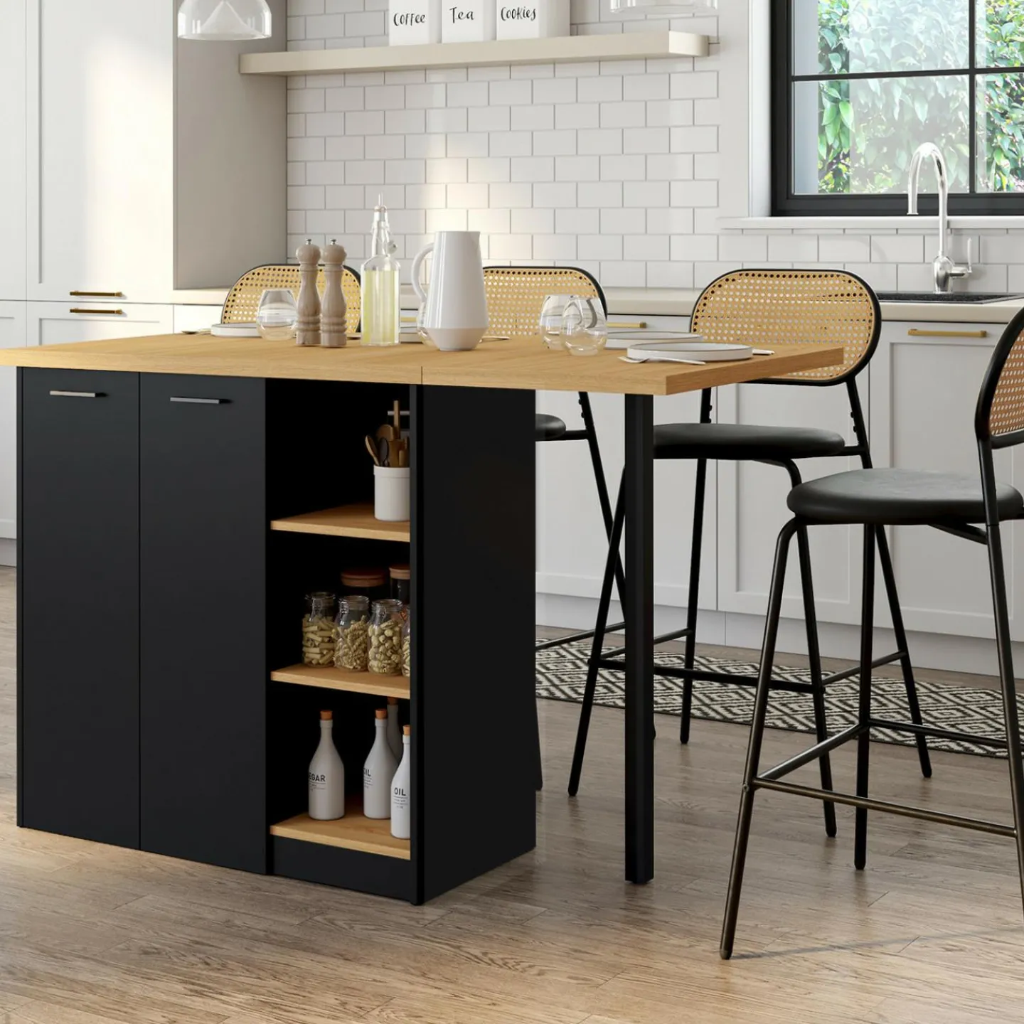 Ilot central 140 cm bois noir avec plan de travail façon hêtre*IDMarket Hot