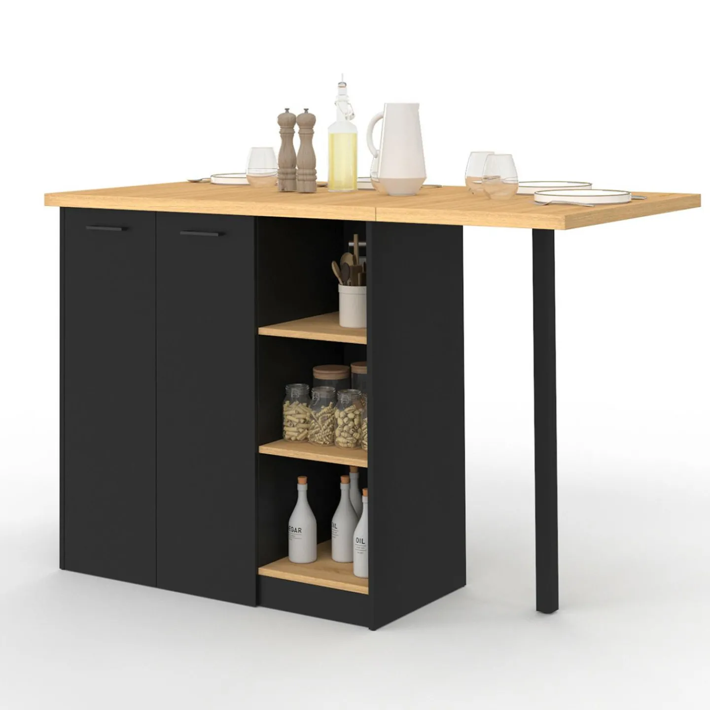Ilot central 140 cm bois noir avec plan de travail façon hêtre*IDMarket Hot