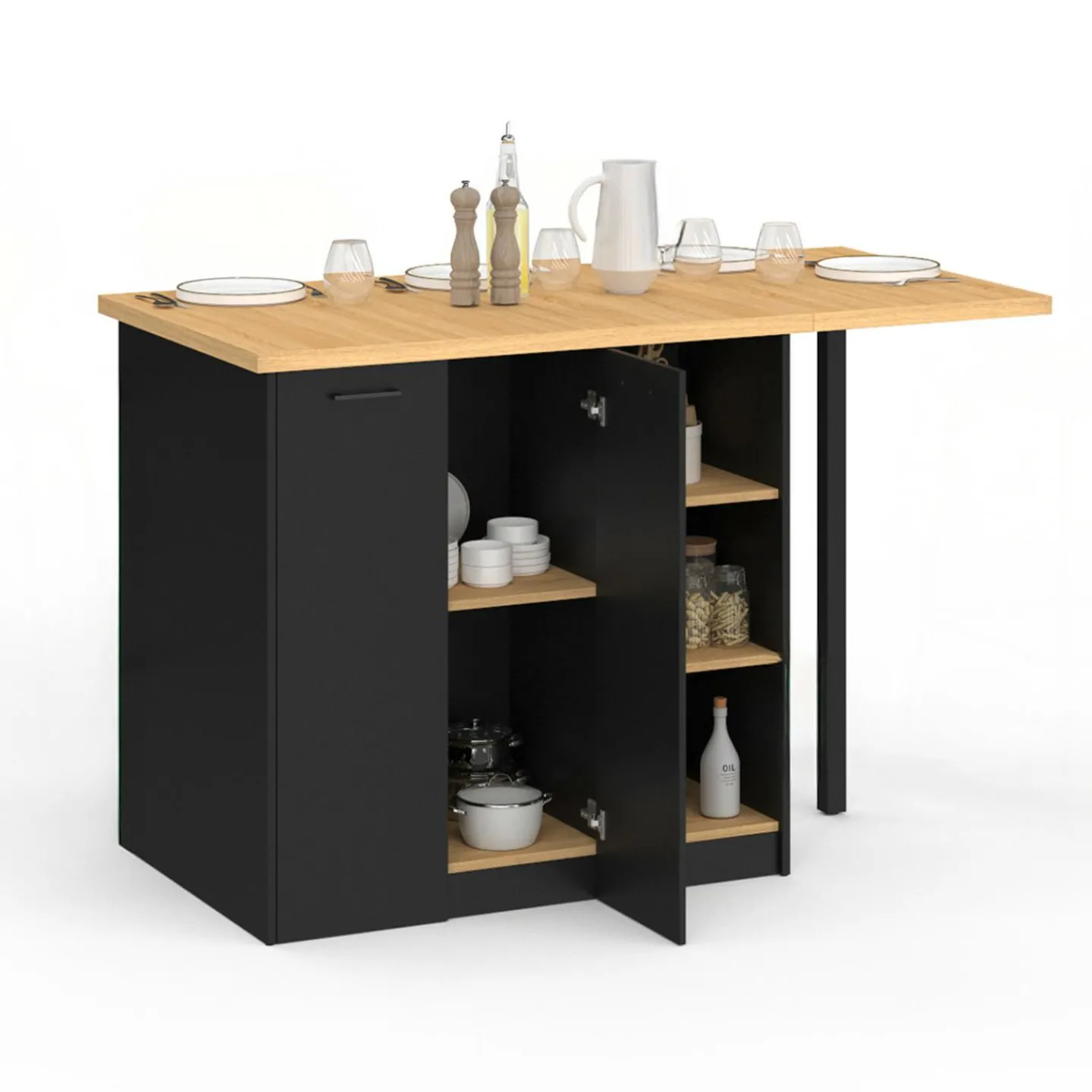 Ilot central 140 cm bois noir avec plan de travail façon hêtre*IDMarket Hot