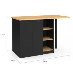 Ilot central 140 cm bois noir avec plan de travail façon hêtre*IDMarket Hot