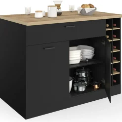 Ilot central avec range-bouteilles placard et tiroir bois noir avec plan de travail façon hêtre*IDMarket Discount