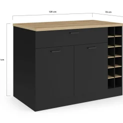 Ilot central avec range-bouteilles placard et tiroir bois noir avec plan de travail façon hêtre*IDMarket Discount