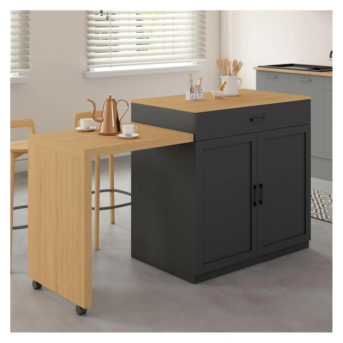 Ilot central bois et noir avec table à manger extensible*IDMarket Clearance
