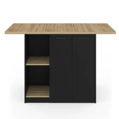 Ilot central bois noir avec plan de travail façon hêtre 140 cm 4 personnes avec rangement*IDMarket New