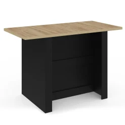 Ilot central bois noir avec plan de travail façon hêtre 140 cm 4 personnes avec rangement*IDMarket New