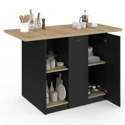 Ilot central bois noir avec plan de travail façon hêtre 140 cm 4 personnes avec rangement*IDMarket New