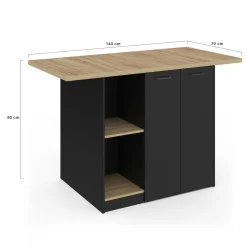 Ilot central bois noir avec plan de travail façon hêtre 140 cm 4 personnes avec rangement*IDMarket New