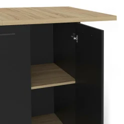 Ilot central bois noir avec plan de travail façon hêtre 140 cm 4 personnes avec rangement*IDMarket New