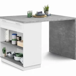 Ilot central effet béton et blanc 130 cm pour 4 personnes*IDMarket
