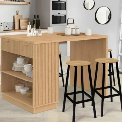 Ilot central mange-debout 4 personnes 130 cm lattes tasseau bois coloris chêne*IDMarket Online