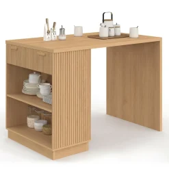 Ilot central mange-debout 4 personnes 130 cm lattes tasseau bois coloris chêne*IDMarket Online