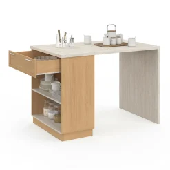 Ilot central mange-debout 4 personnes 130 cm bois et plateau effet travertin*IDMarket Clearance