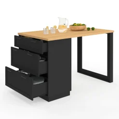 Ilot central mange-debout 4 personnes 130 cm casserolier 3 tiroirs noir et plateau bois*IDMarket New
