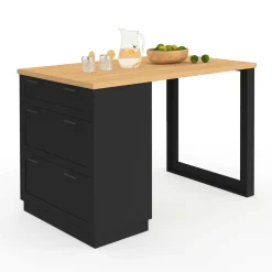 Ilot central mange-debout 4 personnes 130 cm casserolier 3 tiroirs noir et plateau bois*IDMarket New