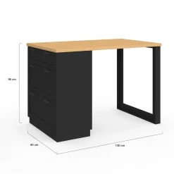 Ilot central mange-debout 4 personnes 130 cm casserolier 3 tiroirs noir et plateau bois*IDMarket New