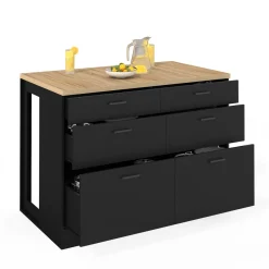 Ilot central mange-debout 120 cm casserolier 6 tiroirs noir et plateau bois*IDMarket Hot