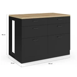 Ilot central mange-debout 120 cm casserolier 6 tiroirs noir et plateau bois*IDMarket Hot