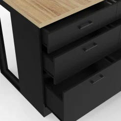 Ilot central mange-debout 120 cm casserolier 6 tiroirs noir et plateau bois*IDMarket Hot
