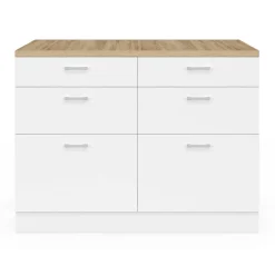 Ilot central mange-debout 120 cm casserolier 6 tiroirs blanc et plateau bois*IDMarket Hot