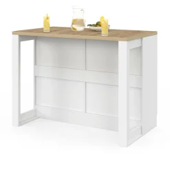 Ilot central mange-debout 120 cm casserolier 6 tiroirs blanc et plateau bois*IDMarket Hot