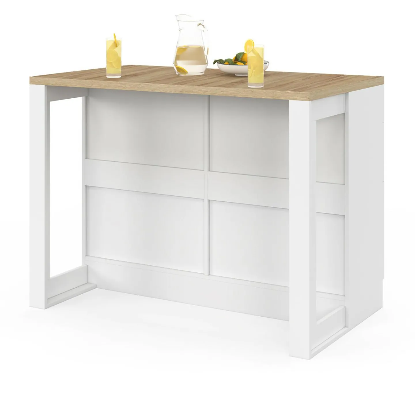 Ilot central mange-debout 120 cm casserolier 6 tiroirs blanc et plateau bois*IDMarket Hot