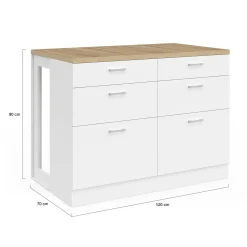Ilot central mange-debout 120 cm casserolier 6 tiroirs blanc et plateau bois*IDMarket Hot