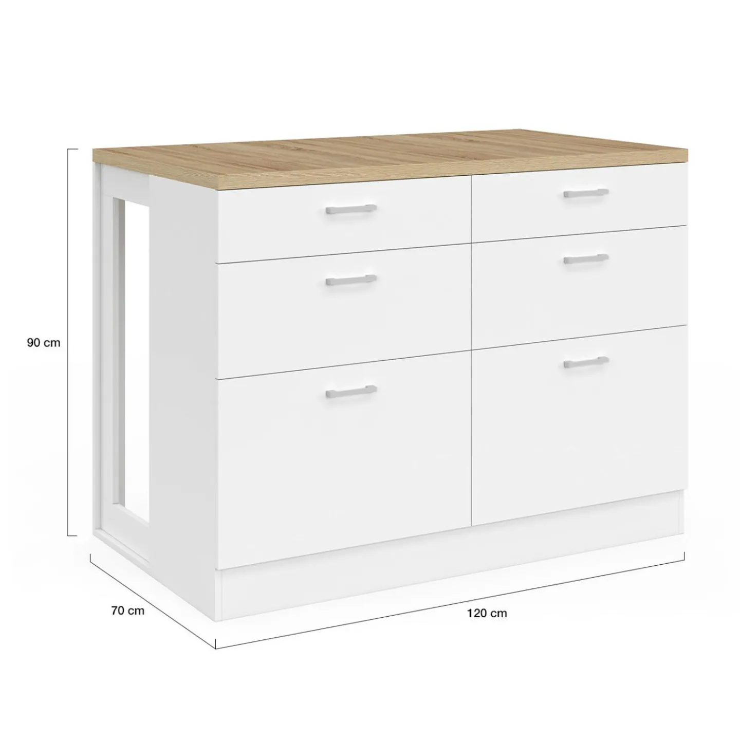 Ilot central mange-debout 120 cm casserolier 6 tiroirs blanc et plateau bois*IDMarket Hot
